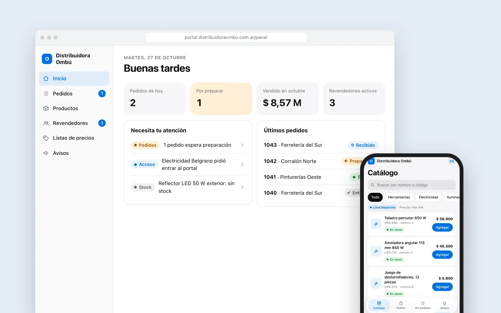 Con un portal: el panel con los pedidos ordenados y la app donde los revendedores piden solos.